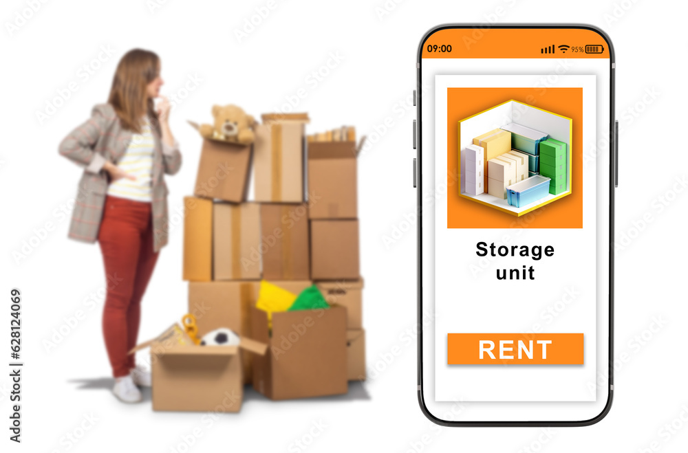 Poster mobile application for storage unit. phone is near woman. storage boxes. search for storage unit via
