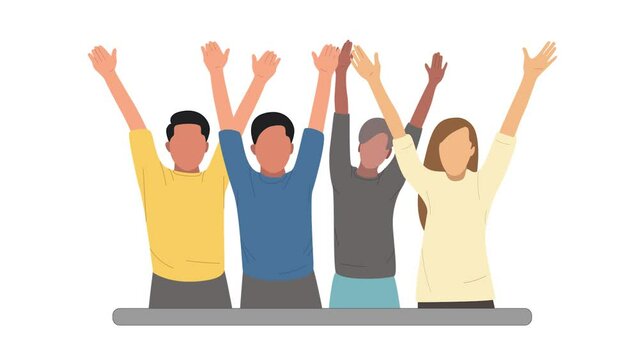 Animated video Crowd of happy people group, welcoming and applauding concept. Full length animation illustration. High quality 4k footage.