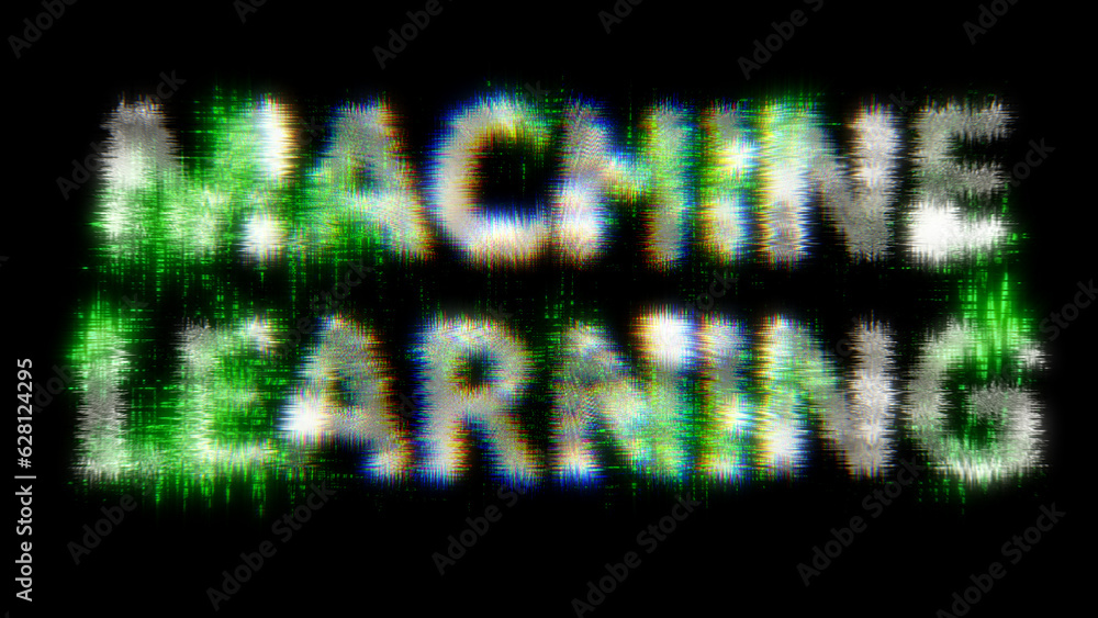 Poster green cybernetical text machine learning with noise distortion, isolated - object 3d illustration