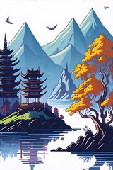 China landscape. Fary tale style. AI generated illustration