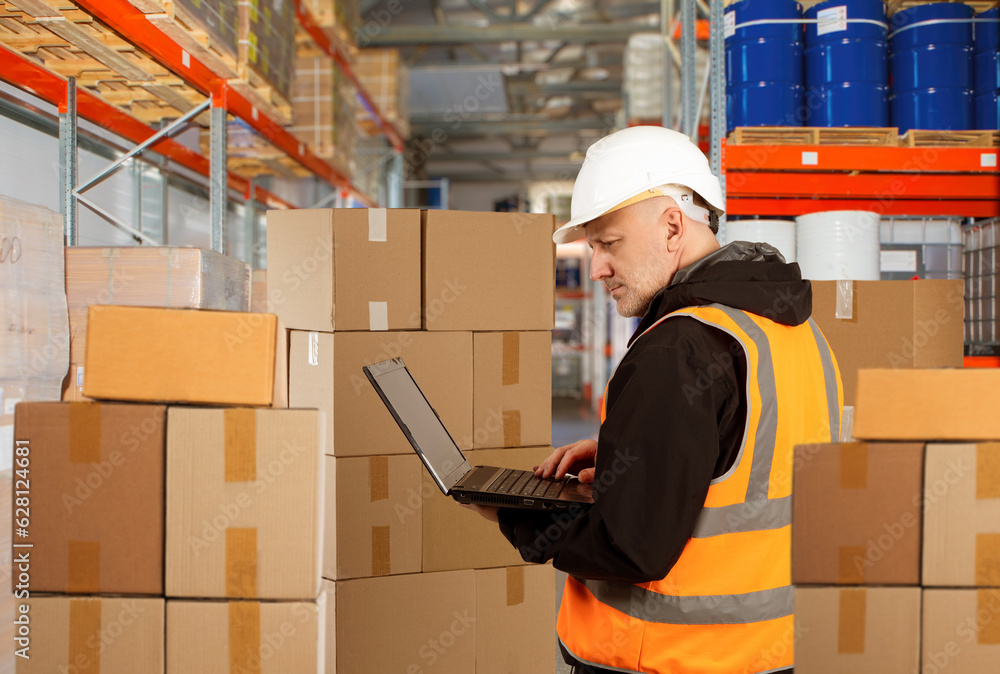 Poster man warehouse manager. storekeeper with laptop among boxes. warehouse supervisor uses computer. guy 