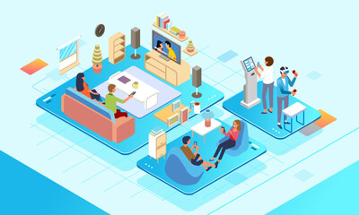 Obraz premium Men and women doing digital life activities at home looking at tv, smartphone and vr simple isometric platform