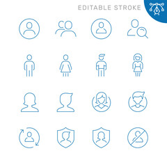 Vector line set of icons related with users. Contains monochrome icons like person, avatar, man, woman, head, face and more. Simple outline sign. Editable stroke.