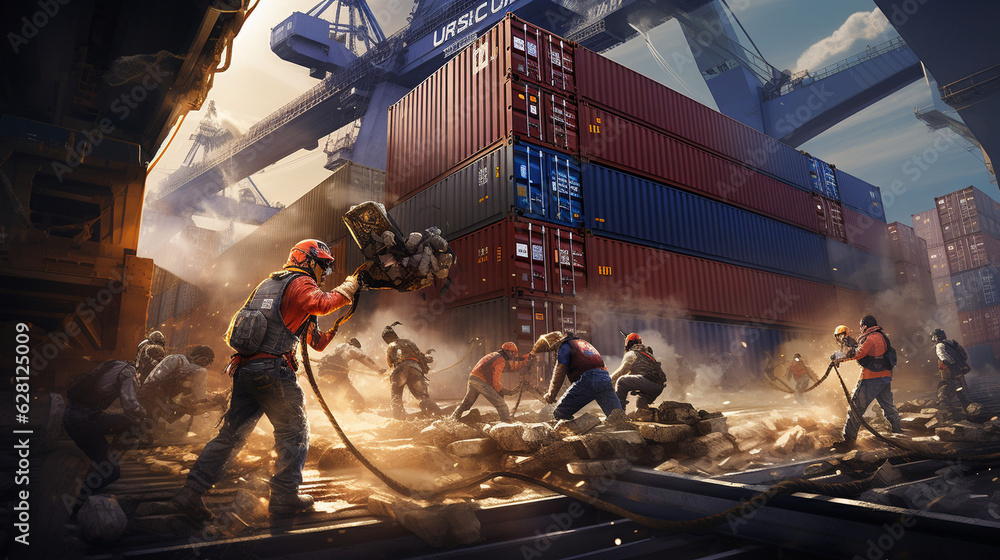 Aufkleber a vivid image of workers securing containers on the ship with ropes and chains, ensuring a safe and 