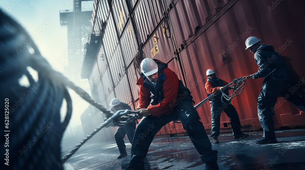 Aufkleber a vivid image of workers securing containers on the ship with ropes and chains, ensuring a safe and 