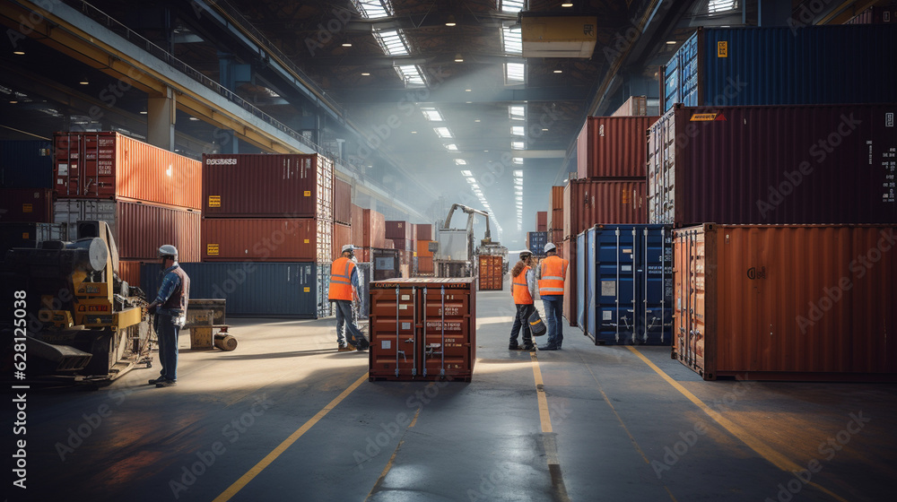 Poster a scene of workers using state-of-the-art technology to track and document each container's loading 