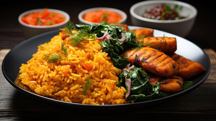 Fototapeta premium Jollof rice is a West African dish of rice cooked in a tomato-based sauce flavored with spices.