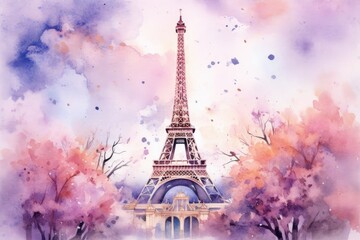 Fototapeta na wymiar Watercolor Eiffel Tower and cherry blossom trees. Spring in Paris. Generative AI