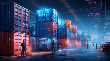 a scene of workers using state-of-the-art technology to track and document each container's loading process for efficiency and accuracy Generative AI