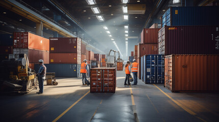 a scene of workers using state-of-the-art technology to track and document each container's loading process for efficiency and accuracy Generative AI