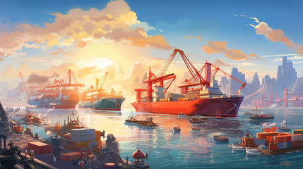 a busy day at the sea cargo port, with ships of various sizes and colors creating a vibrant and dynamic scene Generative AI - obrazy, fototapety, plakaty