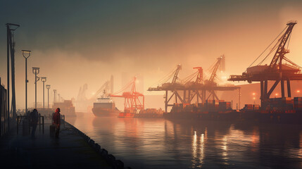 Fototapeta na wymiar a serene scene of a sea cargo port in the early morning mist, with workers quietly going about their tasks amidst a tranquil atmosphere Generative AI