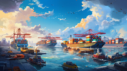 a busy day at the sea cargo port, with ships of various sizes and colors creating a vibrant and dynamic scene Generative AI