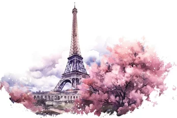 Keuken foto achterwand Aquarelschilderij wolkenkrabber Watercolor Eiffel Tower and cherry blossom trees. Spring in Paris. Generative AI