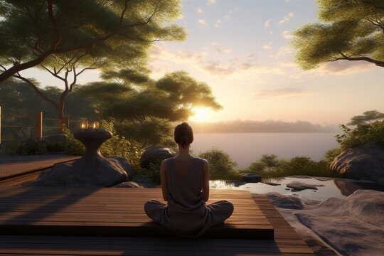 Concept of relaxation in meditation retreats in the middle of serene and peaceful natural landscapes, seeking inner harmony and balance, Generative AI
