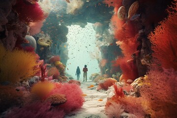 Photograph of people diving in colorful and preserved coral reefs, exploring the beauty and importance of marine ecosystems, Generative AI