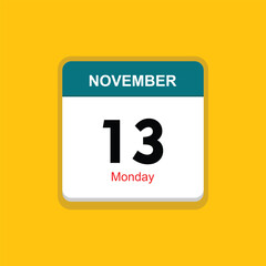 monday 13 november icon with yellow background, calender icon