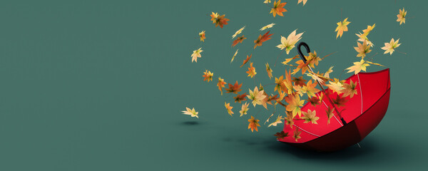 Red umbrella with dry autumn leaves on green background with copy space. 3D Rendering, 3D...