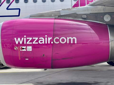 Aircraft engine of WizzAir airplane on July 26, 2023 in Ciampino, Italy