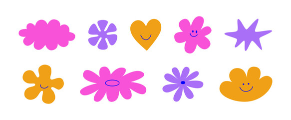 Vector logo design template and graphic elements for advertising, branding, posters and banners, funny cartoon illustrations with smiling character and mascots, abstract stickers and line icons