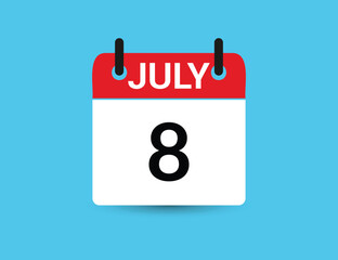 July 8. Flat icon calendar isolated on blue background. Date and month vector illustration