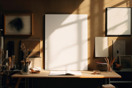 artistic frame canvas mock up in a curated whimsical studio setting / vintage artists desk, atelier bohemian style with natural light and shadows - ai generative art
