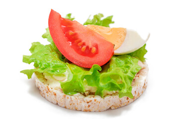 Rice Cake Sandwich with Tomato, Lettuce and Egg - Isolated on White. Easy Breakfast. Diet Food. Quick and Healthy Sandwiches. Crispbread with Tasty Filling. Healthy Dietary Snack - Isolation