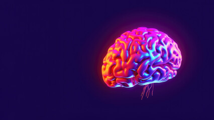 A creative image of a glowing neon brain in pink, blue, orange and purple colors on a dark blue background in 3d style. Banner. Copy space