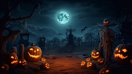 Pumpkins with old castle  and full moon In The Spooky Night. Halloween Backdrop. Halloween Background At Night Forest with Moon.
