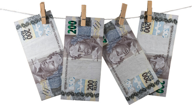 200 reais banknotes from Brazil on the clothesline on transparent background.