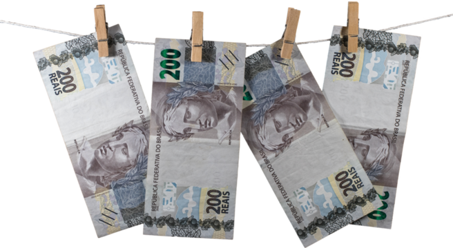 200 reais banknotes from Brazil on the clothesline on transparent background.