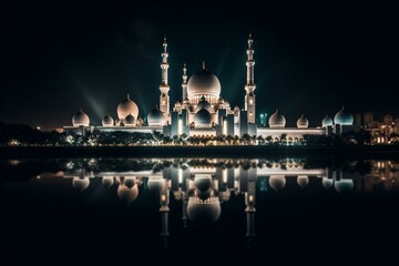 Fototapeta na wymiar Panoramic view of the Sheikh Zayed Mosque at night in Abu Dhabi, UAE. Generative AI