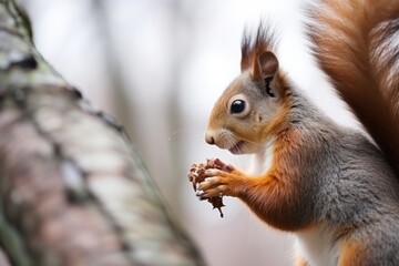 Naklejka na ściany i meble Red Squirrel against a tree trunk