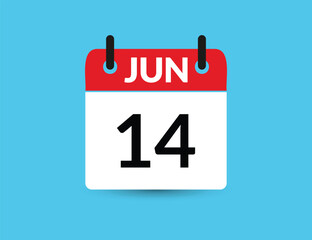 June 14. Flat icon calendar isolated on blue background. Date and month vector illustration