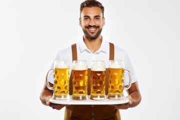 smiling waitress offers beer. oktoberfest celebration