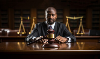 Stern judge with paper document pronouncing sentence in a court of law. Judge finds the accused guilty, passes judgement and rules case closed. Hand holding gavel and hitting sound block in close-up - obrazy, fototapety, plakaty