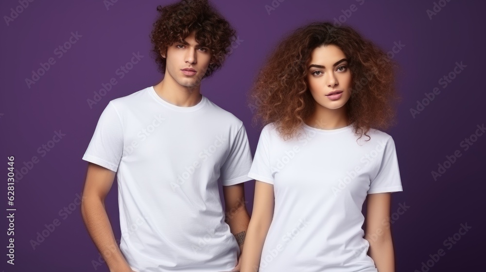 Wall mural two couples wearing a white blank t-shirt on a purple background mockup