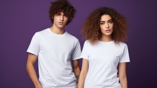 Two couples wearing a white blank t-shirt on a purple background mockup