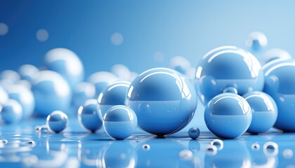 Glass balls on a blue background. Modern background of glass spheres. Generative AI.