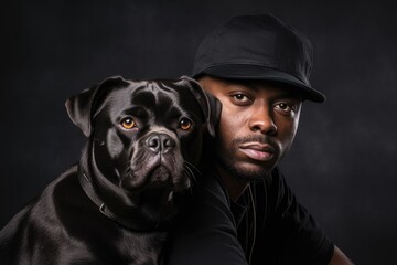 Portrait of young black man in cap and his dog. Concept dog helper and friend. Close up. Generative AI.