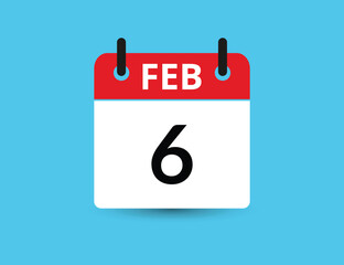February 6. Flat icon calendar isolated on blue background. Date and month vector illustration