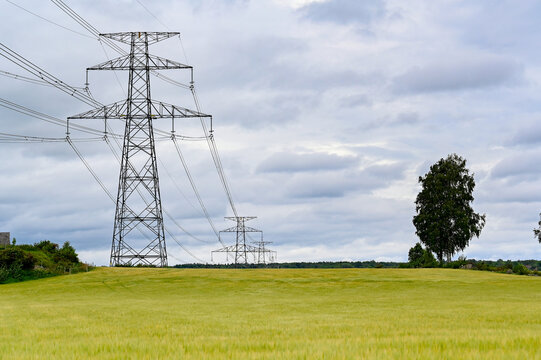 Power lines over fields a cloudy summers day