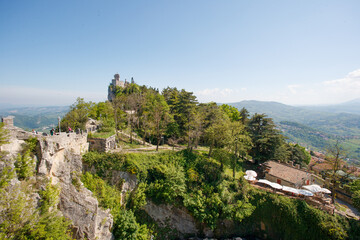Fototapeta na wymiar View of picturesque medieval city of San Marino. Monuments, streets and nature