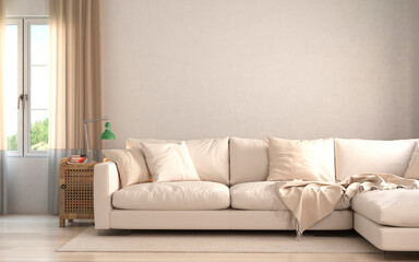 Modern interior of living room with white sofa. 3d render	