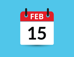 February 15. Flat icon calendar isolated on blue background. Date and month vector illustration