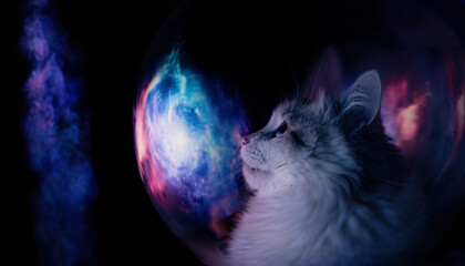Concept: space expedition. Portrait of a cat astronaut in space orbiting the planet  