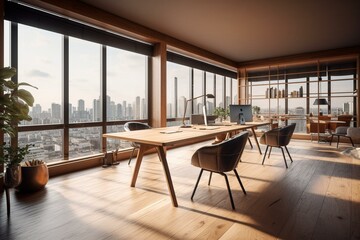 Sophisticated wooden coworking office with city view and stunning furniture. Realistic reflections. 3D rendered image. Generative AI