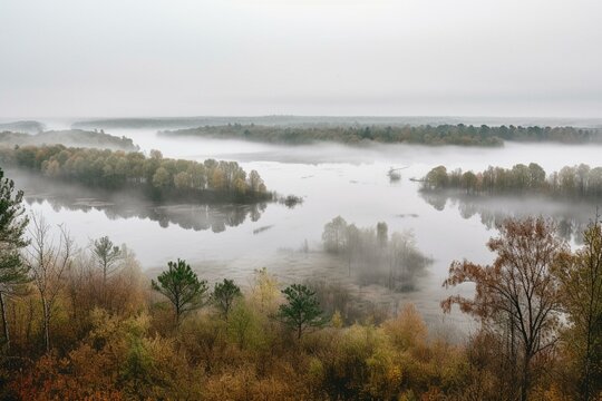 Misty morning view of scenic Karula National Park, showcasing numerous lakes in Estonia. Generative AI