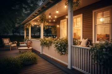 Idyllic suburban house porch adorned with wicker furniture and illuminating lights during a pleasant summer dusk. Generative AI - obrazy, fototapety, plakaty