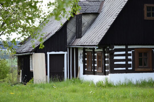 Closeup old wooden Lemko house known as dovha khata in nice spring surroundings